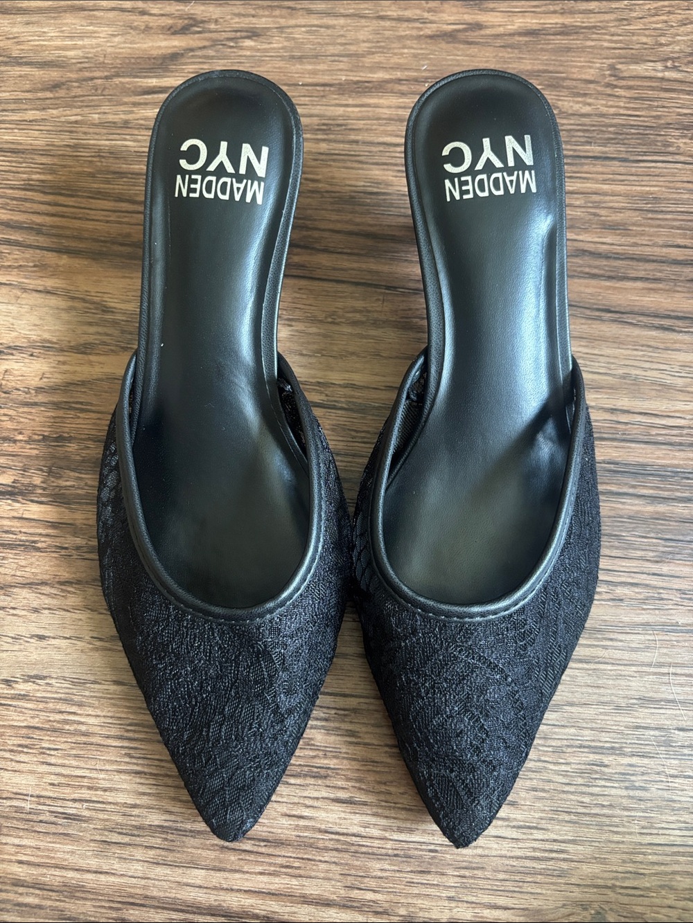 MADDEN NYC Black Lace Pointed Toe Kitten Heel Mule Slides Size 7